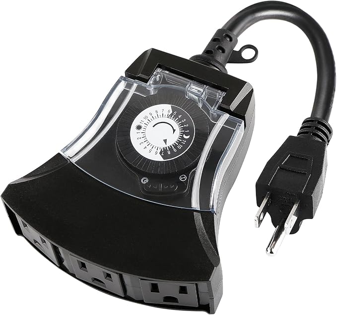 Outdoor Timer Outlet Waterproof, 24 Hour Mechanical Timer Outlet for Home and Garden, 3 Grounded, 15A 3/4HP, Black, 1 Pack