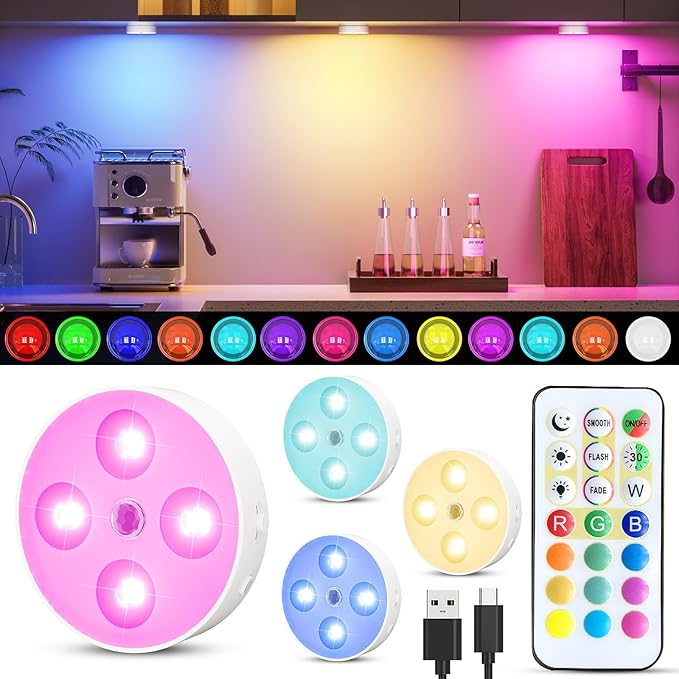 RGB Puck Lights with Remote & Motion Sensor – 1500mAh Rechargeable Under Cabinet Lighting for Kitchen, Closet & Stairs – 13 Colors, Magnetic Stick-On Lights, 4 Pack