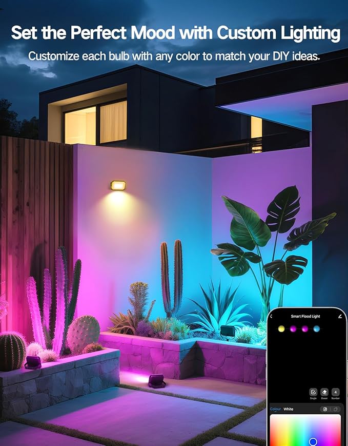 OUTON LED Flood Light Outdoor, 24W Smart RGBAICW Landscape Lighting with APP, Remote & Voice Control, 16 Million Colors, 2700K-6500K, IP65 Waterproof Uplights for Garden Party Stage, 4 Pack