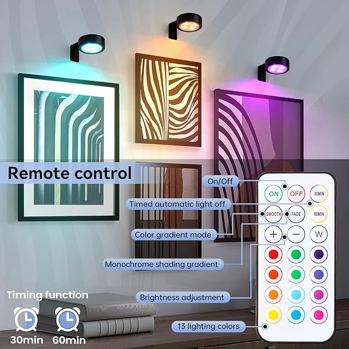 4-Pack Wireless Battery Operated Painting Light with Remote Control,13 Color RGB Magnetic Led Art Picture Lights for Wall, Dimmable and Timer Poster Light, Wall Decor Black Display Light