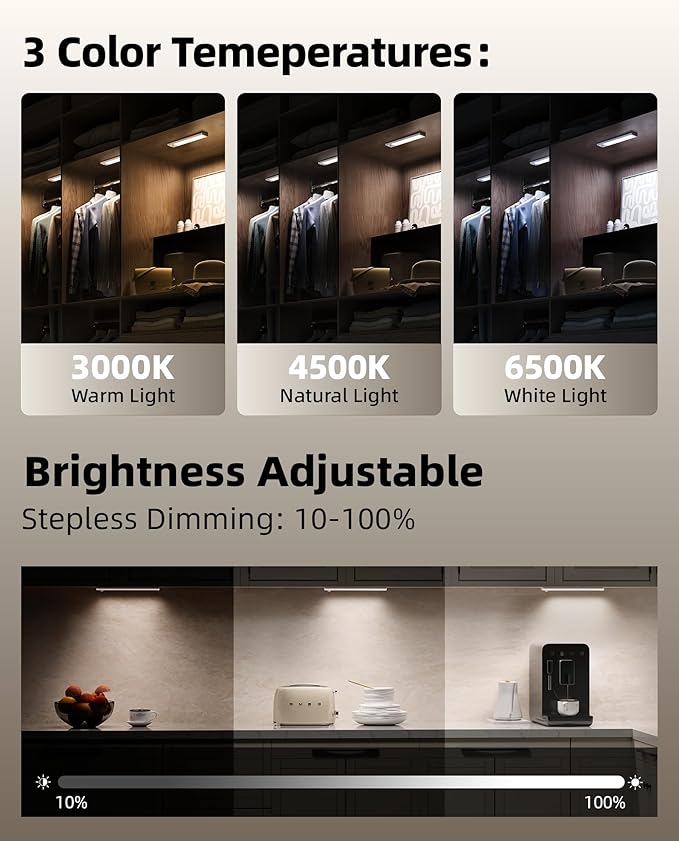 2Pack 12inch Under Cabinet Lighting, Rechargeable Motion Sensor Light Wireless Indoor, Dimmable 3 Color Temps Closet Lights with IR Remote, Under Counter LED Lights for Kitchen, Stairs
