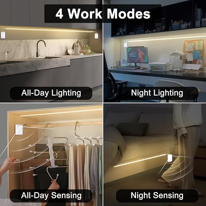 OMIKA Dual Sensor Stair Lights Indoor, Rechargeable 16.4ft LED Strip Light, 150 LEDs Double Motion Activated Under Bed Night Lights for Shelves, Stairway, Closet, Corridor, Bedroom, 4000K Nature White