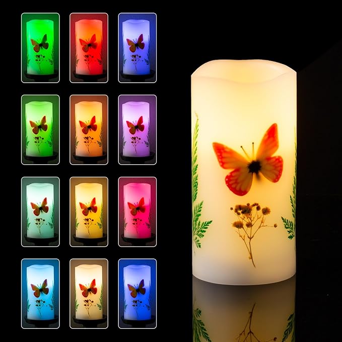 Flameless Candle with Remote Control, Battery Operated Led Light Electric Candles with Flickering Timer Dimmer Feature, Halloween Christmas Fall Home Decorations, 3 X 6 '' (Orange Butterfly Candle)