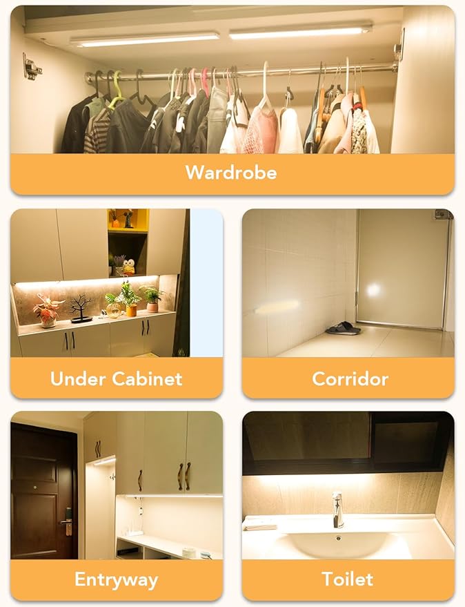 Under Cabinet Lighting Motion Sensor Indoor Plug in, 16" 12V LED Under Counter Lights Super Bright Magnetic for Kitchen/Hallway/Toilet/Garage/Closet(Warm White/3000K, 3 Pack)