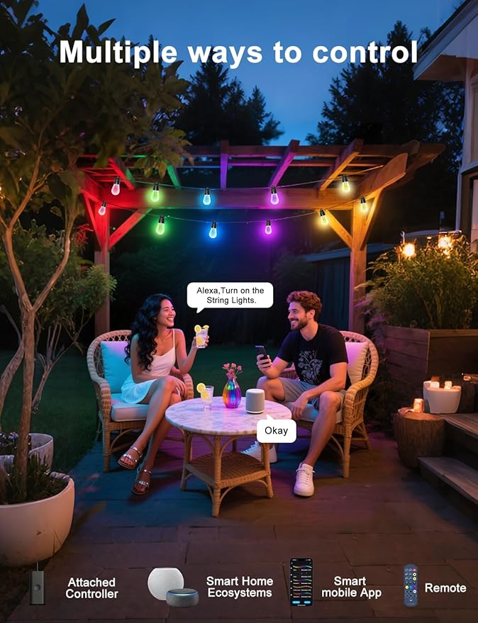 150ft String Lights for Outside, Smart RGB IC Warm White Patio Lights Outdoor Waterproof with Remote & App Control, Compatible with Alexa Great for Porch, Yard, Pergola