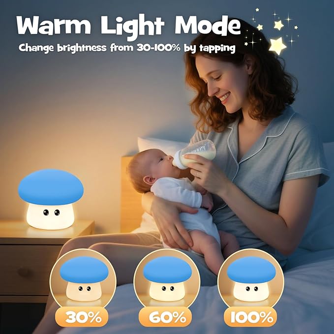 Squishy Big Eyes Mushroom Night Light with RGB Mode 3 Brightness Adjustable Nursery Breastfeeding Nightlight Cute LED Blue Mushroom Lamp Rechargeable Silicone Touch Bedside Lamp for Bedroom Dorm Decor