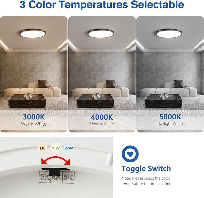 12 Inch Slim Dimmable LED Flush Mount Ceiling Light Fixtures, 24W 2640LM 3000K/4000K/5000K, House Upgrade Led Lights for Bedroom Hallway Laundry Room Rental Units, 240W Equiv., Black