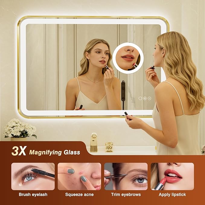 24x36 Inch Gold Framed LED Bathroom Mirror with Lights,Magnifying Tempered Glass,Dimmable Lighted Bathroom Vanity Mirror with 3 Colors, Backlit + Frontlit, Anti-Fog