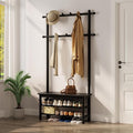 AQIMUELE Coat Rack with Shoe Storage, Wooden Hall Tree with Bench, 11 Hooks and 2-Tier Storage Shelves, 3-in-1, Entryway Bench with Coat Rack (31.5"-Deep Black)