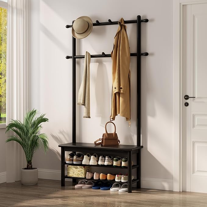 AQIMUELE Coat Rack with Shoe Storage, Wooden Hall Tree with Bench, 11 Hooks and 2-Tier Storage Shelves, 3-in-1, Entryway Bench with Coat Rack (31.5"-Deep Black)