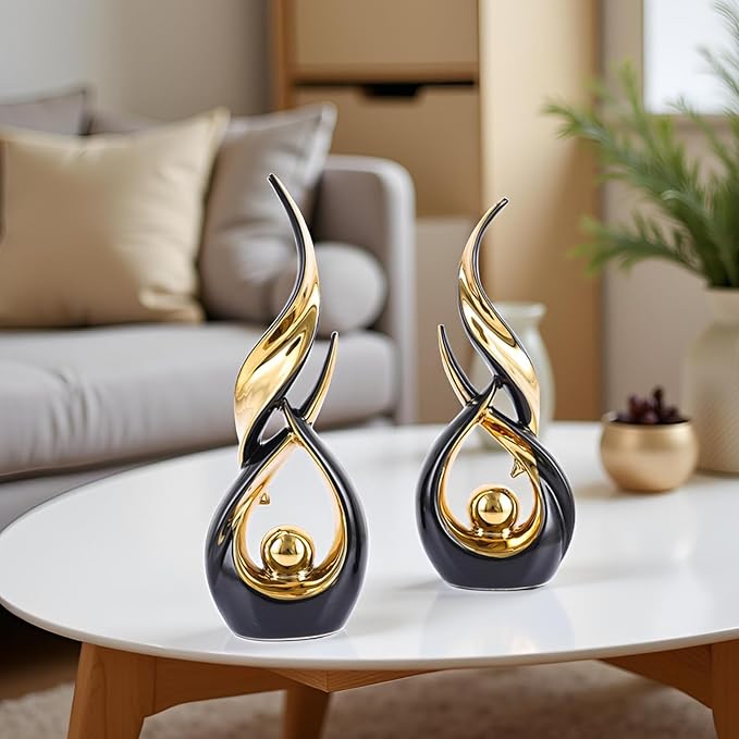 XMGZQ Gold Ceramic Abstract 2 Piece Statue Set,Mid Century Modern Abstract Art Home Decor Statue Mantelpiece on Unique Shelf Decor, TV Cabinet Divider Table top and Dining Table Centerpiece (Black)