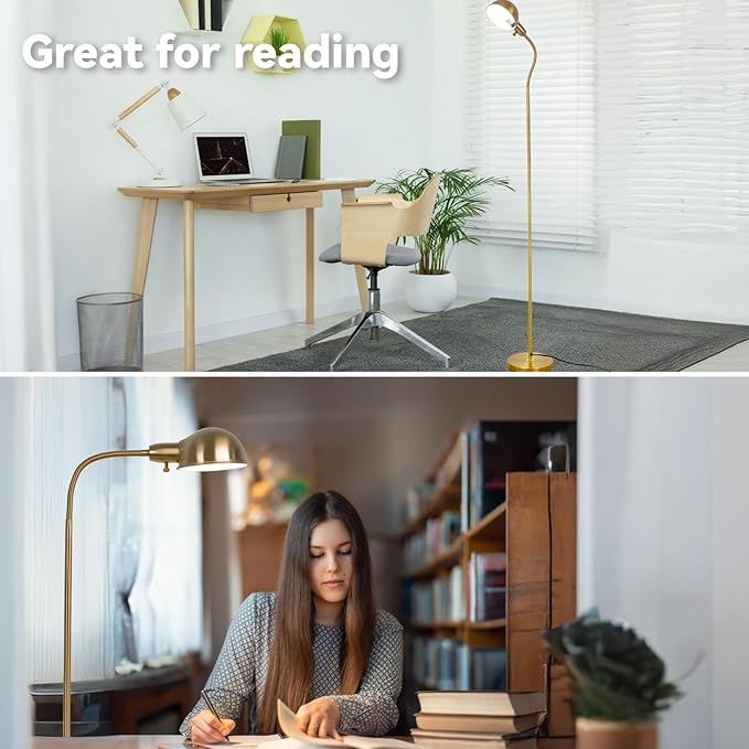 Dimmable Floor Lamp with Remote, Color Temperatures and Brightness Adjustable, Flexible Floor Lamp with Rotating Head, Modern Style Standing Tall Lamp, E26 Socket (Gold-Remote)