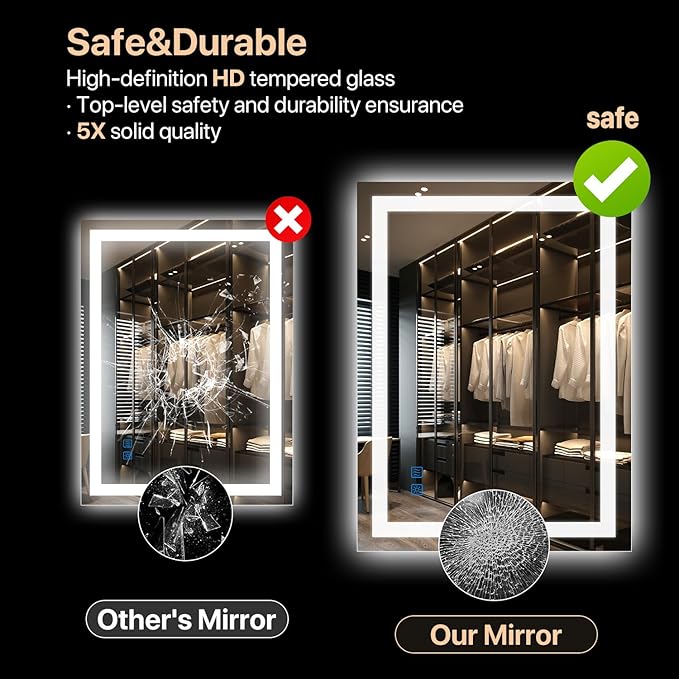 LED Bathroom Mirror 48x36 Inch, Anti-Fog Vanity Mirror with Lights, Stepless Dimmable & 3 Color Temperatures, Smart Memory Wall Mounted Mirrors for Over Sink, UL Listed