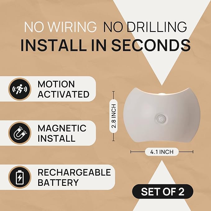 Battery Operated Wall Sconces Set of Two, Rechargeable Wireless LED Wall Lights — Motion Sensor, No Drill Magnetic Mount, 3 Modes, for Bedroom Hallway Stairs, White