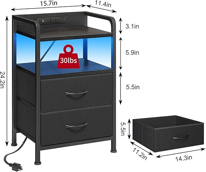 Fixwal Night Stand for Men Bedroom with Charging Station & LED Lights, Nightstand with 2 Fabric Storage Drawers and Edge, Black