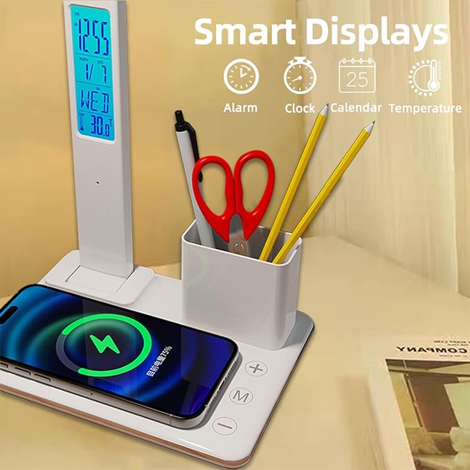 Multi-Function Desk Lamp with Display&15W Wireless Charger,3 Color Temperatures,Touch Control,Foldable Design,Built-in Clock,Calendar,Thermometer,Alarm,HYT1771 White.
