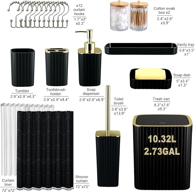 Bathroom Accessories Set-23Pcs Set, Complete Bathroom Decor, Bathroom Set with Shower Curtain & Liner Sets, Trash Can, Soap Dispenser,Modern Bath Essentials (Black, Bath Set+Shower Curtain&Liner Set)