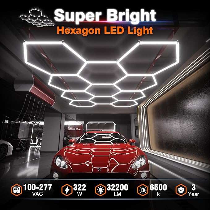 Hexagon Garage Lights : 3 Level Dimmable 322W Tube 11 Grids Hexagon LED Lights - Easy Install 6500K Super Bright Hex Lights for Garage, Home Gym, Shop, Workshop, Basement, Studio