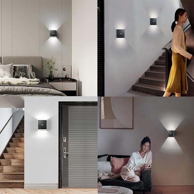 Wall Lights with Motion Sensor Indoor LED Modern Wall Lamp Brightness Adjustable Wall Sconce Recargables USB Con Batería Lighting Fixtures for Living Room Bedroom Corridor (Warm Light,Black)