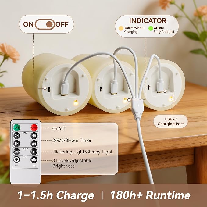 Rechargeable Flickering Flameless Candles Melted Edge Battery Operated with Remote and Timer, Real Wax LED USB Type-C Pillar Candles, Set of 3 (3" x 4",5",6"), Ivory,Spring Home Decor
