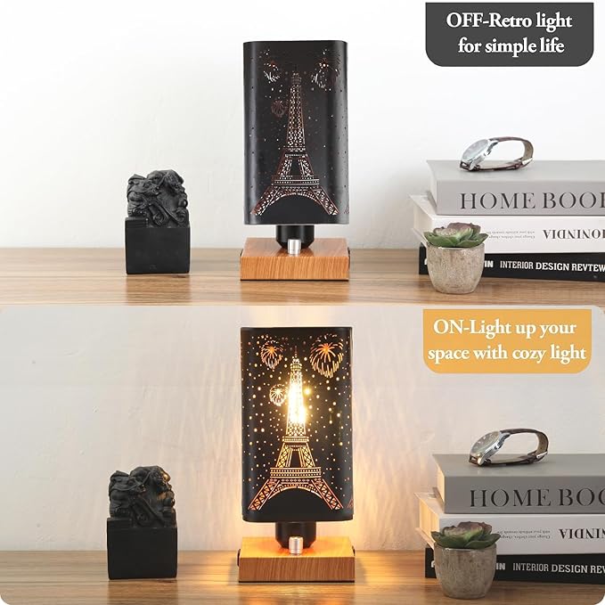 Industrial Table Lamp with USB Ports and Outlet, Rustic Dimmable Bedside lamp with Charging Station, Metal Square Shadow Nightstand Lamp, Night Light for Kids Bedroom Living Room End Tables