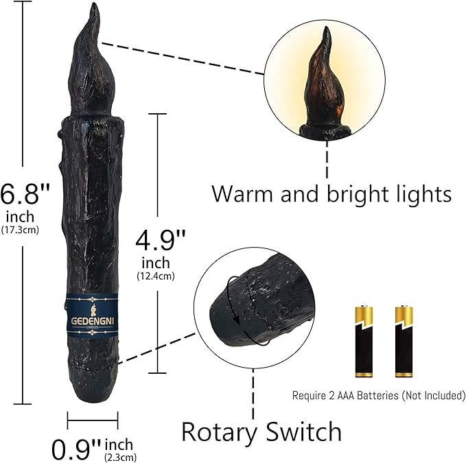 Magical Candlesticks Flameless Taper Candle, 2pcs Black LED Tapered Candles Remote Dipped Candle 6inch Battery Chandelier for Enchanting Weddings and Harry Potter Inspired Vigils(LW2P-BA)