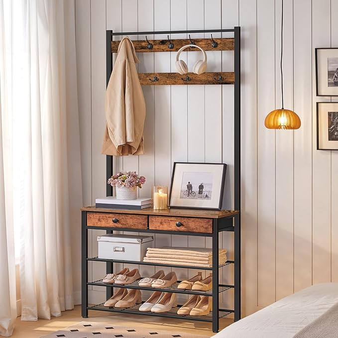 HOOBRO Hall Tree, Entryway Coat and Shoe Rack, 2 Fabric Drawers, Hall Tree with Bench, Shoe and Coat Rack, Coat Rack with Shoe Storage, 4 Tier Shoe Organizer, 9 Hooks, Rustic Brown and Black BF81MT01