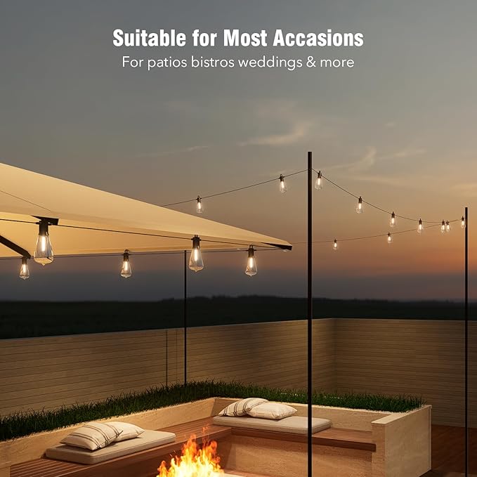 LED Outdoor String Lights 50FT, Waterproof Patio Lights with 27 (25+2 Spare ST38 Shatterproof Replaceable Bulbs), Connectable Dimmable Outside Hanging Light for Porch Garden Deck Bistro Backyard