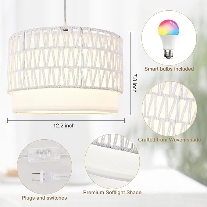 Hanging Lamp Plug in Pendant Light, 15FT White Hanging Lights with Plug in Cord, Hanging Light with Bulb and Remote, Hanging Lamps for Bedroom, Living Room, Kitchen, Farmhouse