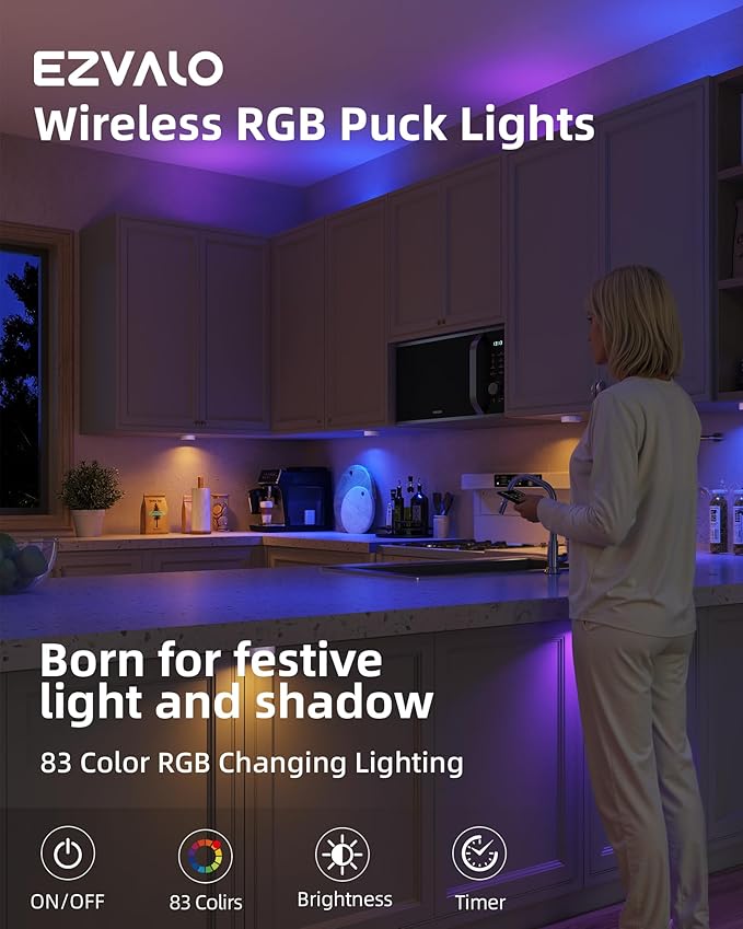 EZVALO LED Puck Lights, 6Pack Rechargeable Battery Touch Light, 2.5'' Mini Tap Lights, Wireless Closet Light, Under Cabinet Lighting, 3 Color & 83 RGB, Sitck On Lights for Kitchen,Pantry,Shelves