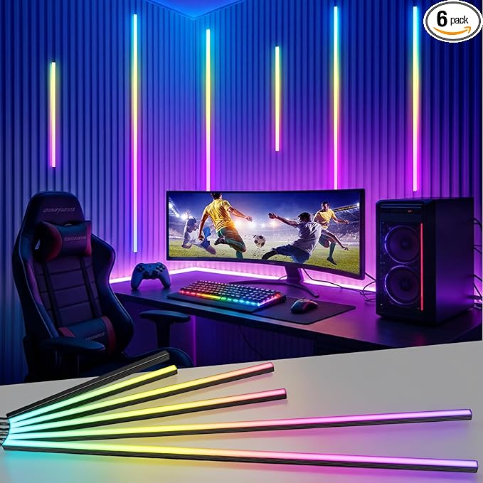 DIY RGB+IC LED Recessed Lighting Kit for Wall Panels, 6pcs Adhesive Wall Strip Lights for Wall Accent Acoustic Panels, WiFi Smart Color Chasing Wood Slat LED Lights with Alexa & WiFi APP Control