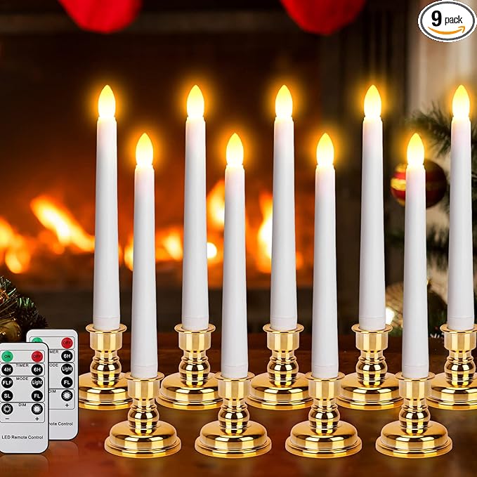 LED Flameless Flickering Taper Candles with Remote & Timer Warm Light Battery Operated Christmas Window Candle for Wedding Party Holiday Home Table Decoration (9 Packs,White+Gold Holder(A))…