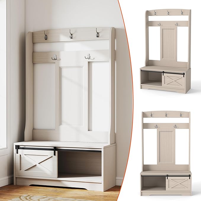 65" Farmhouse Hall Tree with Bench - 3-in-1 Entryway Organizer: Shoe Rack, Coat Hooks & Storage Shelves for Mudroom, Hallway (Rustic White)