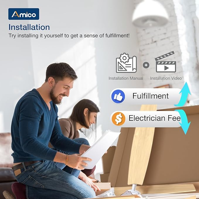 Amico Ceiling Fans with Lights, 60 inch Smart Ceiling Fan with Remote/APP/Alexa Control, Reversible, 5 Blades, 6 Speeds, 3CCT, Dimmable, Noiseless, Wifi Ceiling Fan for Farmhouse, Bedroom, White