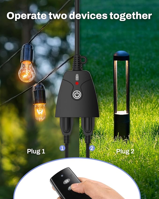 HBN Outdoor Wireless Remote Control Outlet Plug,Weatherproof Heavy Duty Power Strip,Indoor Electrical Plugs for Light Switch,6-inch Cord,100ft Range, ETL Listed(15A,Dual 3-Prong Outlets)