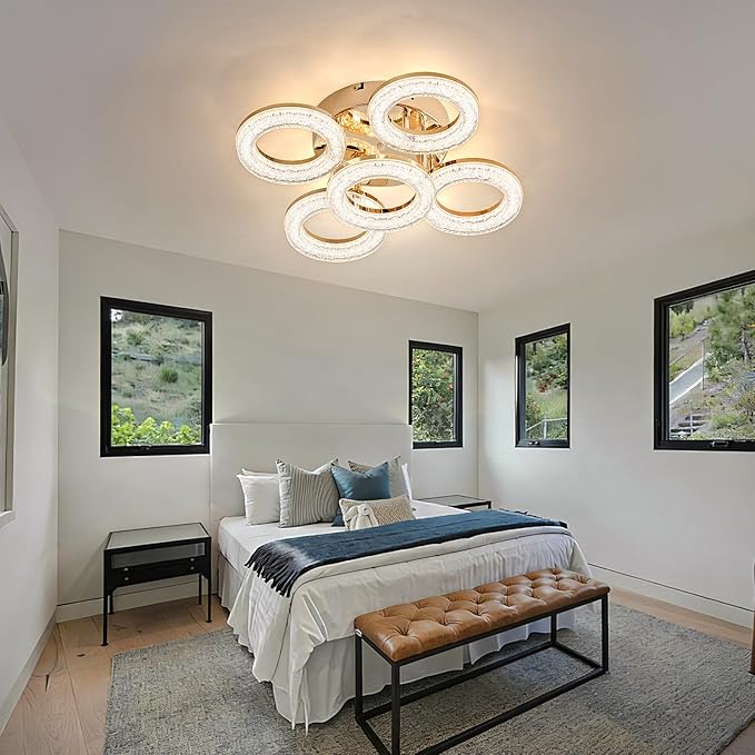 OKELI Modern Ceiling Light, 5 Rings 16.9'' Dimmable LED 49W Flush Mount Ceiling Lights with Remote Acrylic Crystal Round Ceiling Light Fixture, Bedroom Living Room Dining Room, Gold