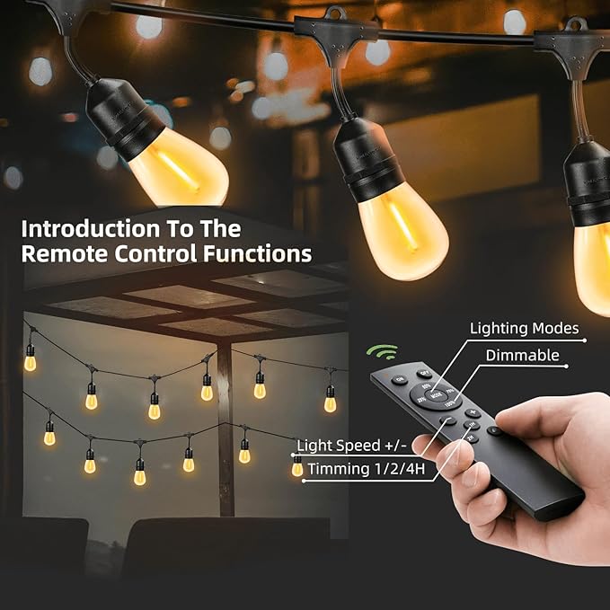 150FT String Lights for Outside Remote Controlled Waterproof with 48pcs Replaceable S14 Warm Bulbs for Patio, Gazebo, Pergola, Backyard Bistro Lights, 2200K, Linkable, 1-Pack