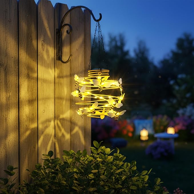 2 Pack Bee Solar Lights Outdoor Garden Decor,Bee Decorations Hanging Solar Lantern,Hanging Garden Decor for Outside Patio Yard Porch Pathway,Outdoor Gifts for Women