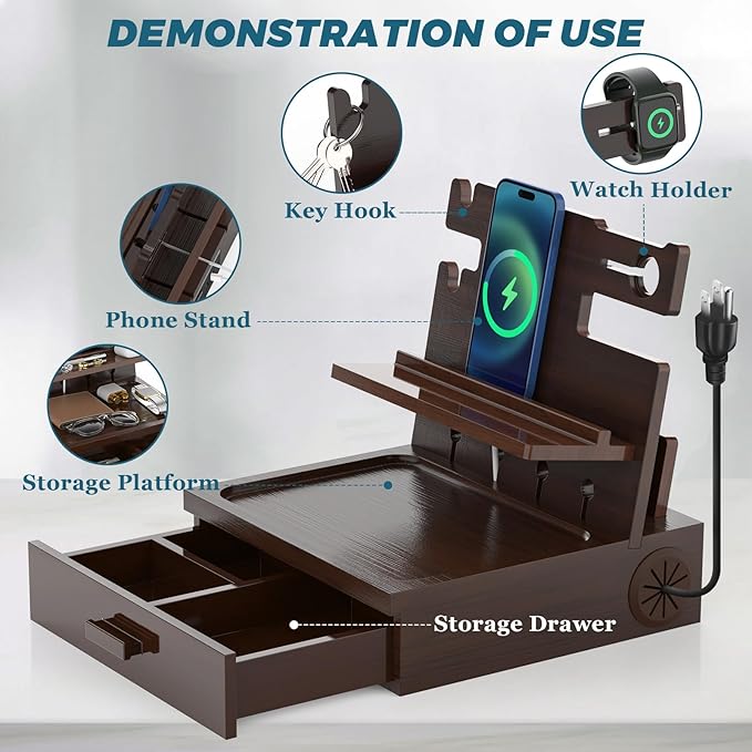 Nightstand Organizer for Men with Drawer Wood Docking Station with USB Ports and AC Outlets, Gifts for Men, Holds Phone, Tablet, Keys, Glasses, Earphones Etc（Brown）