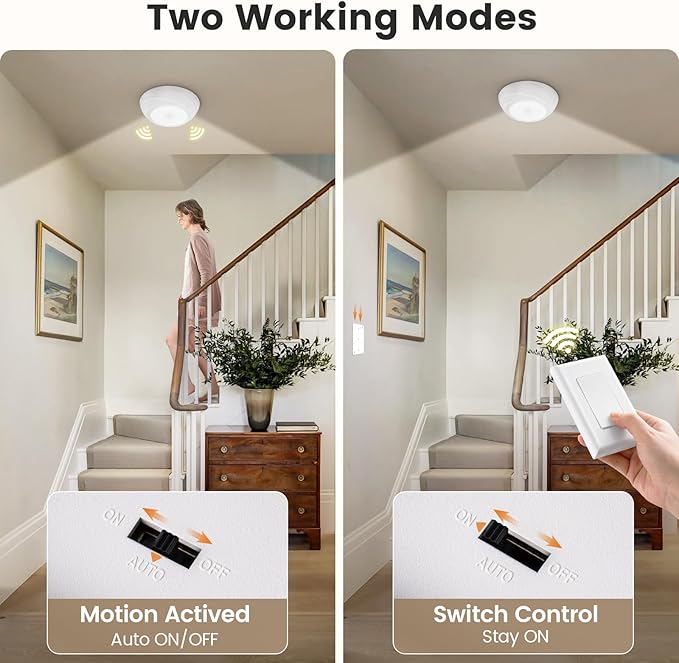SURAIELEC Battery Ceiling Light with Wall Switch, Motion Sensor Light Indoor, Wireless Wall Switch Remote, 6500K, 300LM, Battery Powered Ceiling Light for Closet, Pantry, Laundry, and Shed, 1-Pack