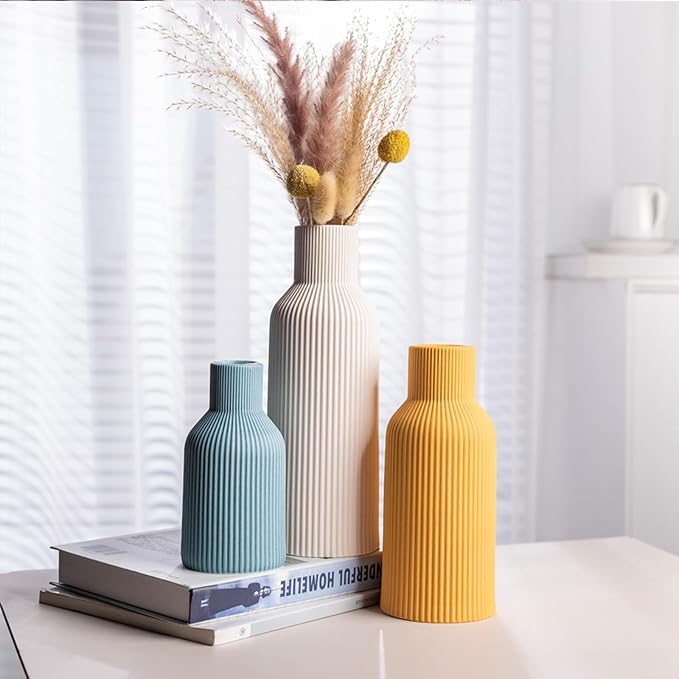 Colorful Ceramic Vases Set of 3 (White, Yellow, Blue) - Modern Matte Ribbed Color-Block Vases for Dried Flowers - Scandi Boho Decor Centerpieces for Living Room & Shelf