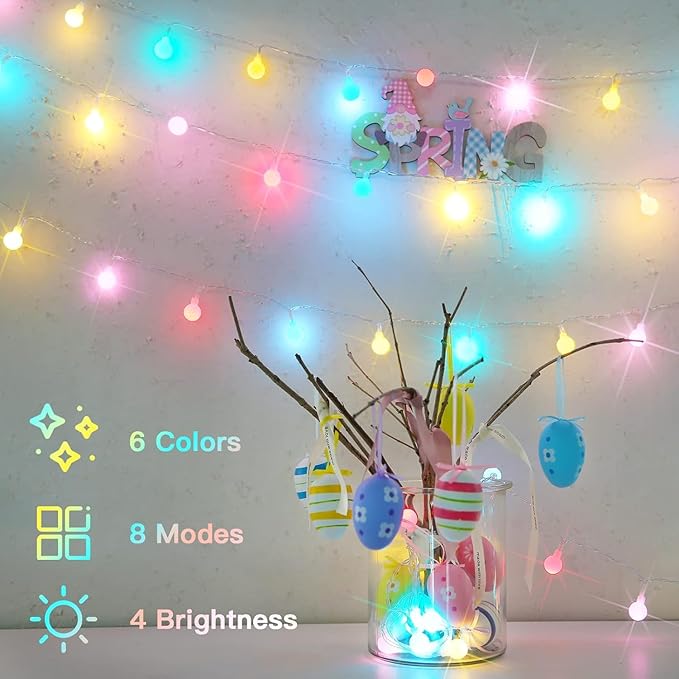 suddus Easter Lights Plug in, 33ft 100 Led USB Pastel String Lights with Timer, Globe String Lights Indoor for Classroom, Dorm, Party, Room, Outdoor, Tree, Patio, Garden, Spring Decoration
