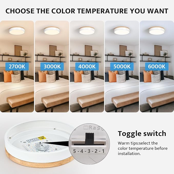 Dimmable Wood Ceiling Light Fixture 2700K-6000K 5CCT Modern White LED Flush Mount Ceiling Light Minimalist Circle Close to Lighting Fixture for Bedroom Kitchen Bathroom Laundry Room 11.81 Inch