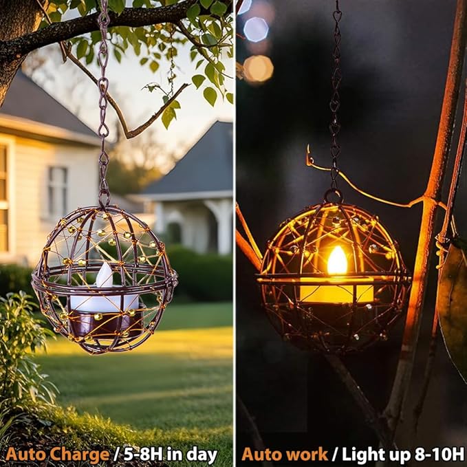 Outdoor Solar Hanging Lanterns Waterproof, Globe Hanging Candle Holder with Flickering Solar Powered Tea Lights, Chargeable Chandelier Light for Backyard Patio Garden Fence Tree Decoration-4Pack