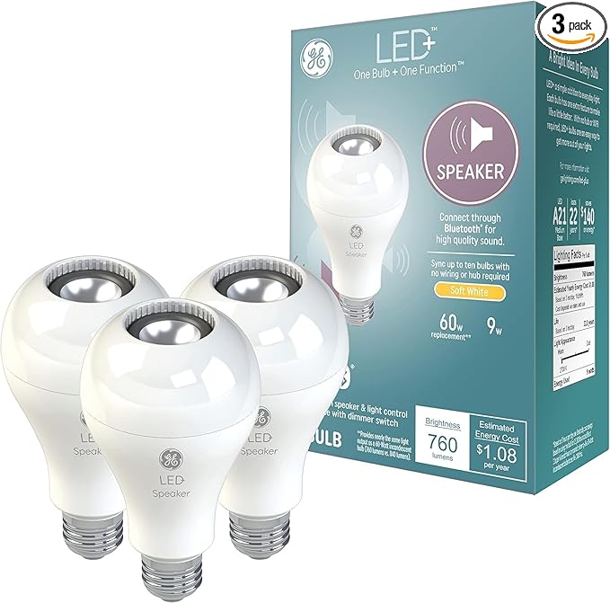 GE LED+ Speaker Light Bulb, Soft White, Bluetooth Speaker, No App or Wi-Fi Required, Remote Included, A21 Light Bulbs, 60W (3 Pack)