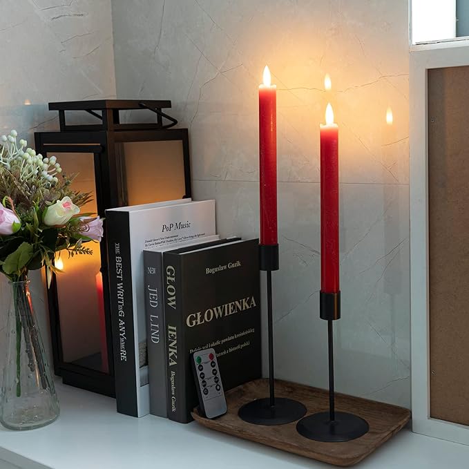 Flameless Taper Candles with Remote Timer, 9.6" Red Real Wax Flickering Battery Operated Warm Light Electric LED Candle, Perfect for Christmas Party Wedding Decoration (6 Pack)