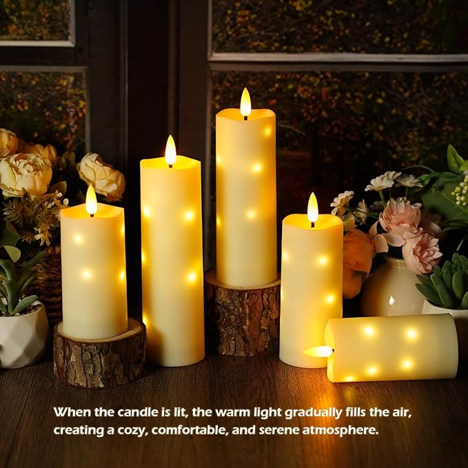 Outdoor Waterproof Flickering Flameless Candles with Timer,5Pcs Battery Operated LED Pillar Candles with Embedded Star String for Outdoor Lanterns,Porch,Patio Decor(Ivory)