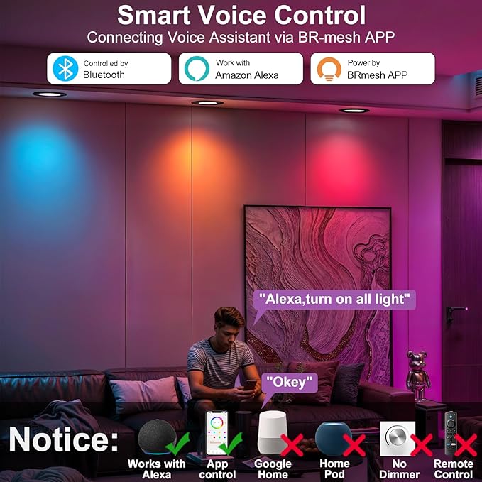 Black 5/6inch Color Changing LED Can Lights,4Packs Retrofit LED Recessed Lighting,13W 1050LM Smart Recessed can Light,Compatible with Alexa,Bluetooth APP Control,for Bedroom Kitchen Livingroom