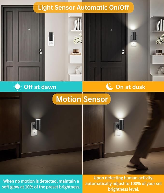 LED Motion Sensor Night Light,Motion Activated Night Light & Dusk to Dawn Sensor Night Light Plug into Wall 5-300LM Adjustable Brightness,5000K Daylight,for Kitchen,Hallway Bedroom,Stairs, 2 Pack
