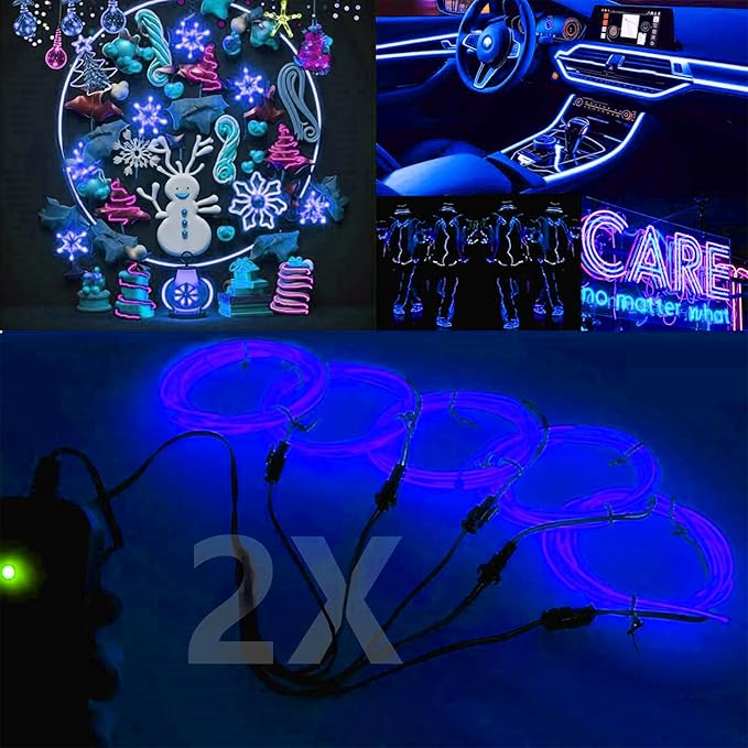 Ourbest 5in1 Electroluminescent Neon Strip Light Wire, EL Wire Lights Battery Pack for Cosplay Party Decoration 3Mode Stay/Slow/Fast Flash(10Pack 3Ft with 2 Battery Boxes Blue)